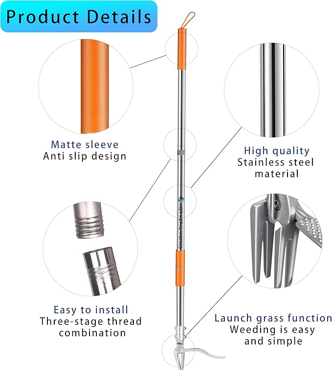 YYMIYU 52" Stand Up Weed Puller Tool – 4-Claw Stainless Steel Weeder with Grass-Pushing & Weed-Ejection Design – Heavy-Duty 0.8mm Steel Handle for Effortless Root Removal