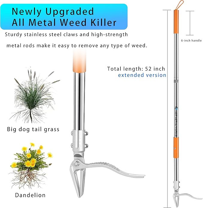 YYMIYU 52" Stand Up Weed Puller Tool – 4-Claw Stainless Steel Weeder with Grass-Pushing & Weed-Ejection Design – Heavy-Duty 0.8mm Steel Handle for Effortless Root Removal